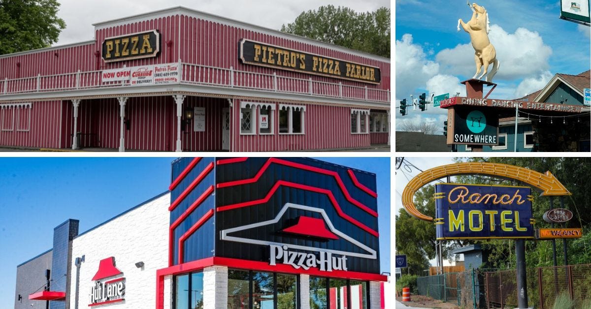 Pizza Hut's 'Hut Lane'; tears for a Chicagoland classic and fears for an old-school Pietro's Pizza location; facelift for a California burger joint's sign | Retrologist Roadside Roundup
