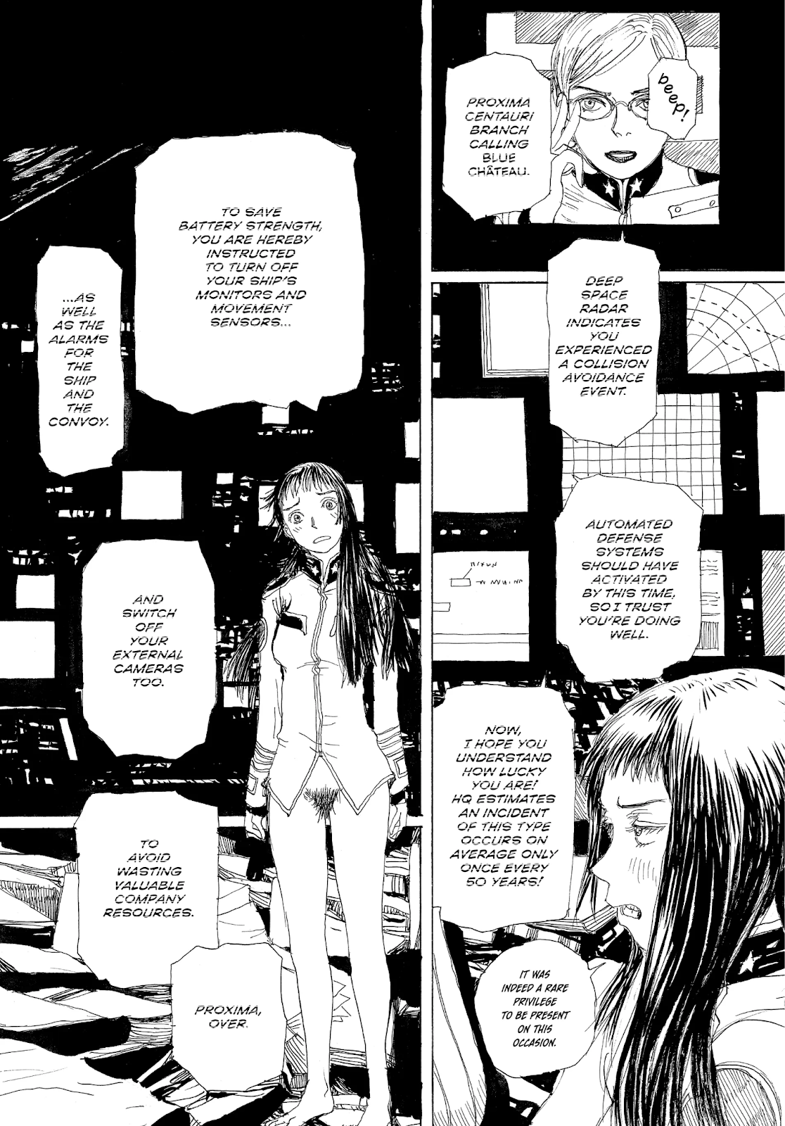 Captain Momo stands in her cabin wearing an unbuttoned uniform shirt but otherwise nude, listening to a stern transmission from her corporate boss. Multiple screens surround her with company directives to power down ship systems and conserve resources. Momo looks frustrated as the orders emphasize profit over safety. Captain Momo stands in her cabin wearing an unbuttoned uniform shirt but otherwise nude, listening to a stern transmission from her corporate boss. Multiple screens surround her with company directives to power down ship systems and conserve resources. Momo looks frustrated as the orders emphasize profit over safety.