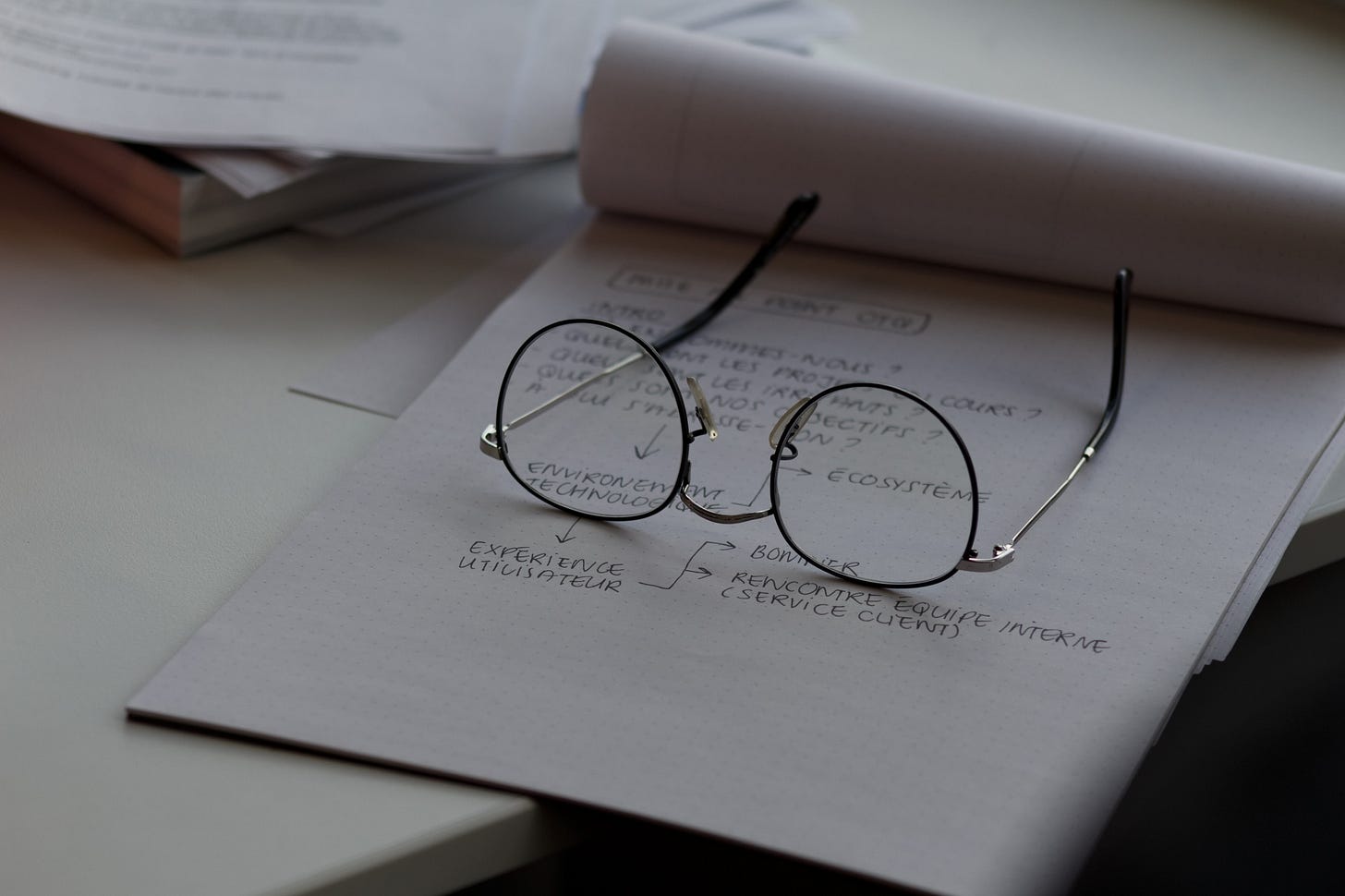 Black framed eye-wear on top of papers. 