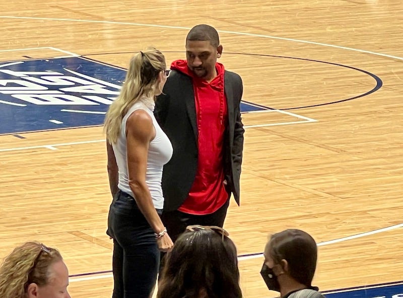 Jenny Boucek talks with Tyler Marsh prior to Fever v Aces Sunday afternoon.