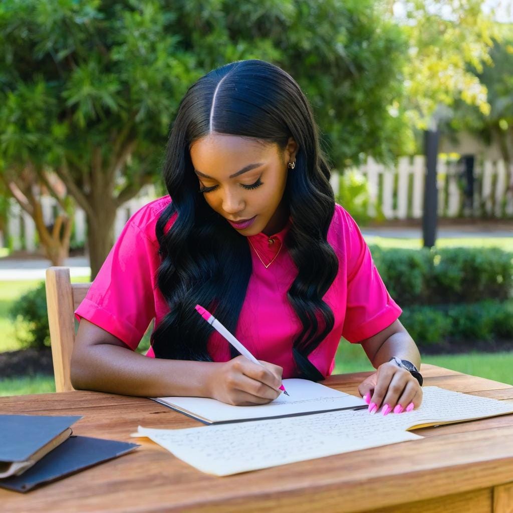 Young youthful African American Woman wearing red and pink sHirt with all black hair writing a letter in the summertime writing a letter on a book at a table