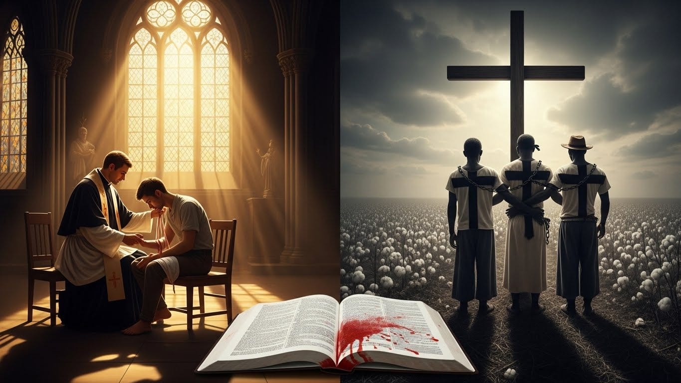 Split image showing a priest caring for a wounded man beside a scene of enslaved people in chains under a cross, symbolizing how Christianity inspired both human rights and slavery.