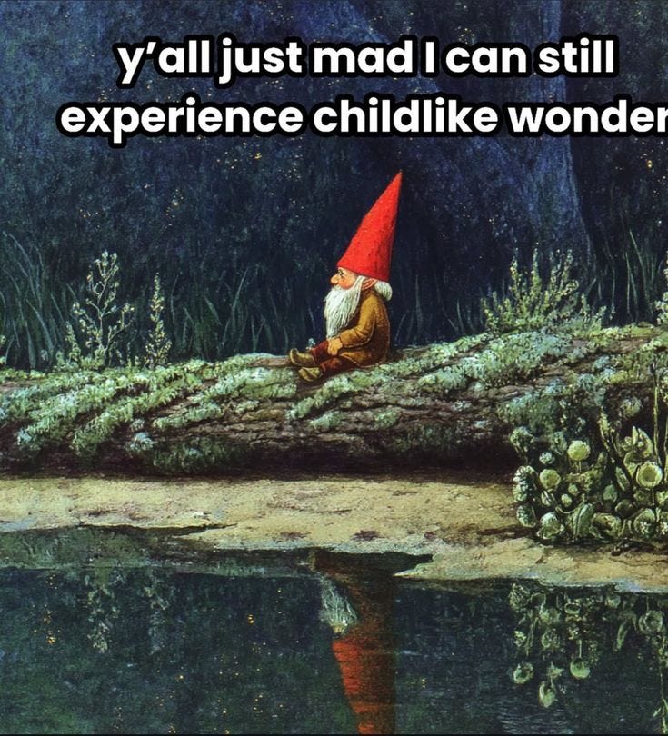 This may contain: an image of a gnome sitting on a log in the woods with words above it
