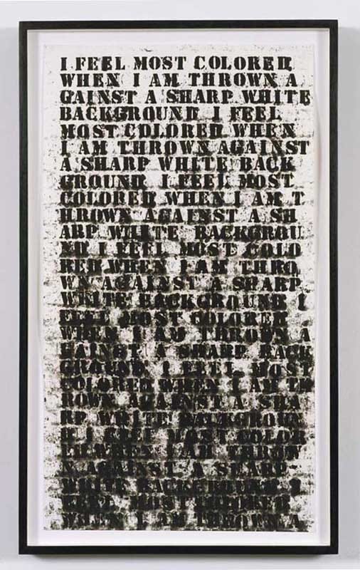 Image of black stenciled letters against a white background. The text, in all caps, reads, "I feel most colored when I am thrown against a sharp white background." The text repeats over and over and as it goes down, the text becomes blurrier and smudgier until it's almost unreadable and less contrasted with the white background. Image of black stenciled letters against a white background. The text, in all caps, reads, "I feel most colored when I am thrown against a sharp white background." The text repeats over and over and as it goes down, the text becomes blurrier and smudgier until it's almost unreadable and less contrasted with the white background.