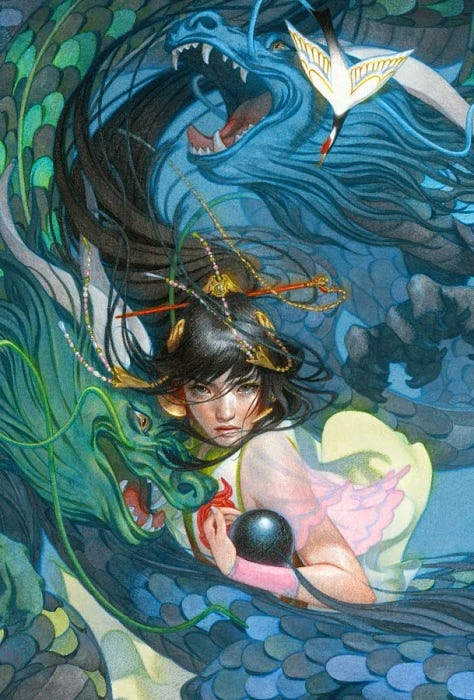 Top left to bottom right: "Idyll" by João Ruas; "Brownie Camp" by Jillian Tamaki; "Pipa" by James Jean; "The Dragon's Promise" by Tran Nguyen; "Paul Atrides" by Sam Webber; "Self Portrait" by Soey Milk.