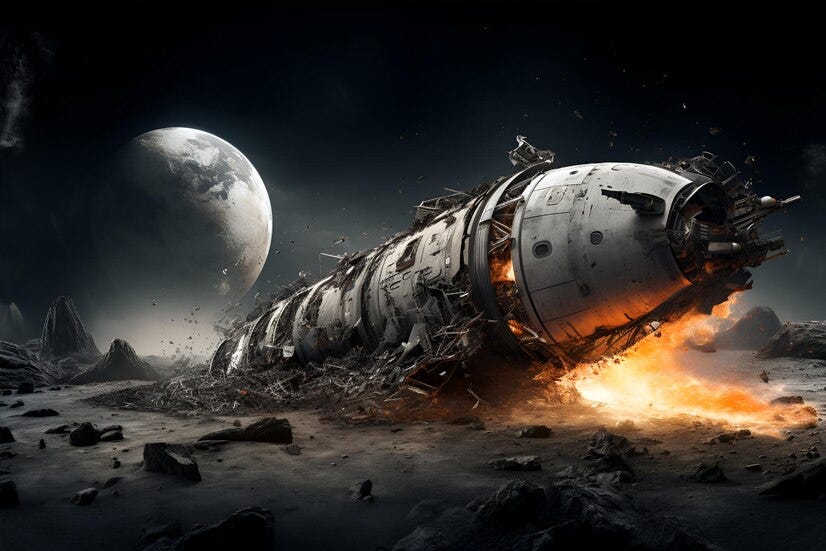 A futuristic-looking spacecraft has crash landed on the moon. Part of the craft is on fire, and part of the craft is smashed into the moon entirely. The Earth can be seen in the distance. 