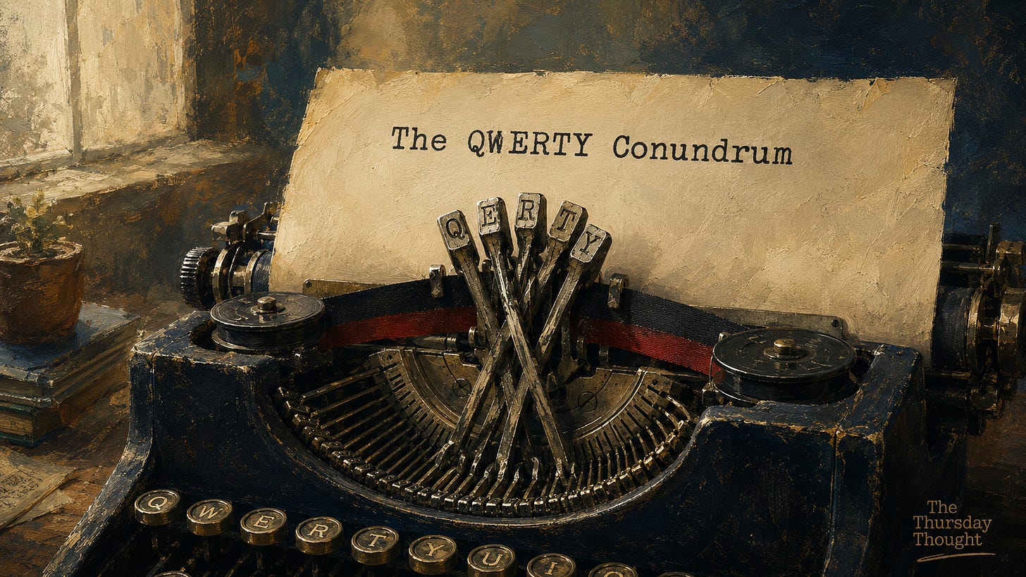 A close-up of a vintage typewriter with six metal typebars jammed and overlapping above the ribbon. A sheet of aged paper behind them reads “The QWERTY Conundrum” in distressed typewriter text.