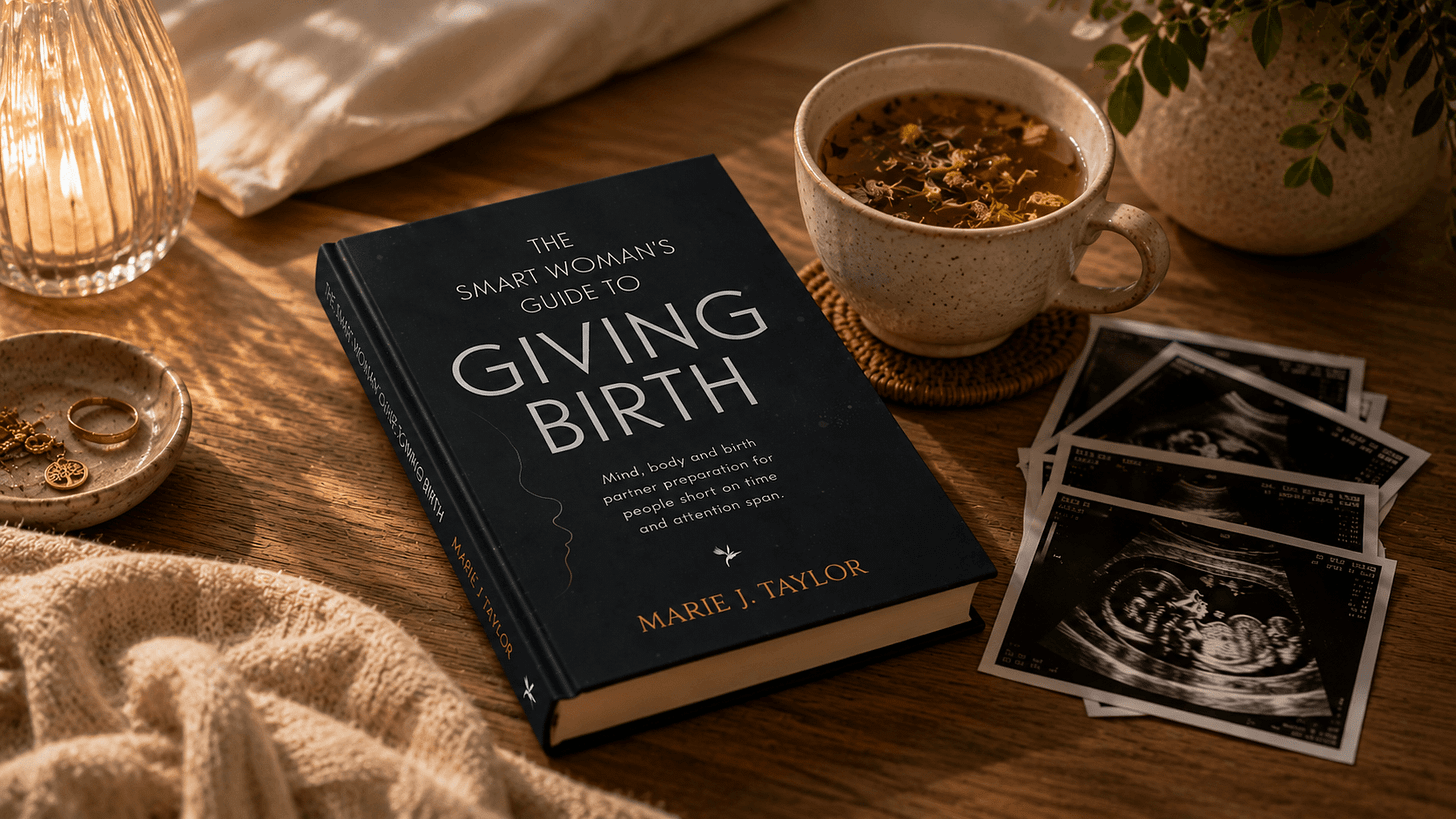 	A hardback pregnancy guide by Marie J Taylor sits beside a cup of tea and ultrasound photos, showing how an existing book can find new life as a relationship-first Substack publication.