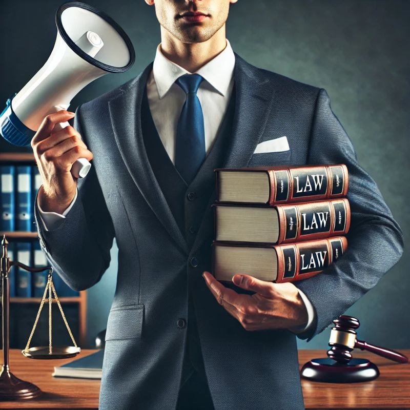 Imagem de um advogado segurando três livros de direito com uma mão e um megafone com a outra, representando o contraste entre o QI (conhecimento técnico) e o QC (habilidade de comunicação) no contexto jurídico.