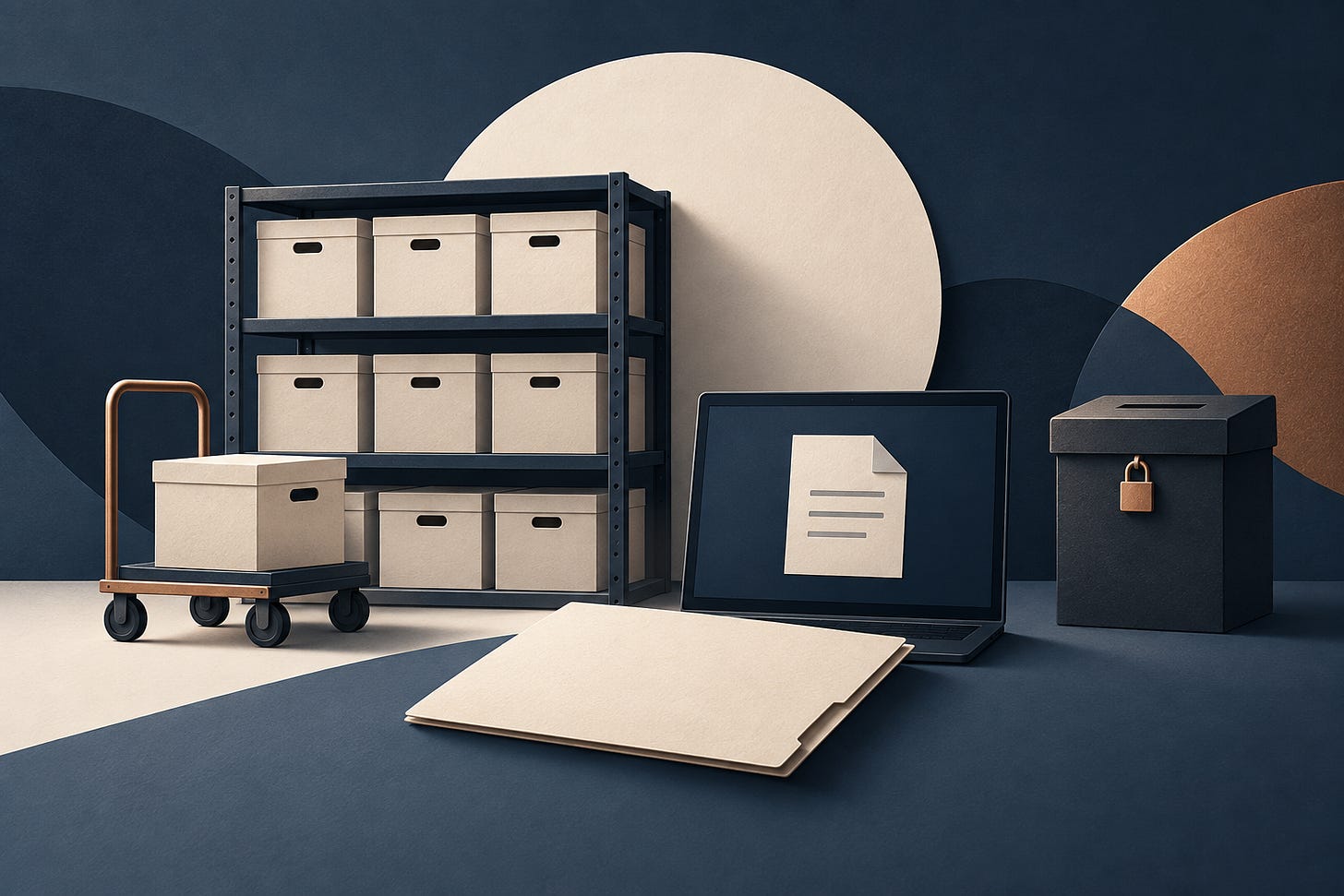 Editorial illustration of archive boxes, a retrieval trolley, a digital file and a separate closed disposal container. Editorial illustration of archive boxes, a retrieval trolley, a digital file and a separate closed disposal container.