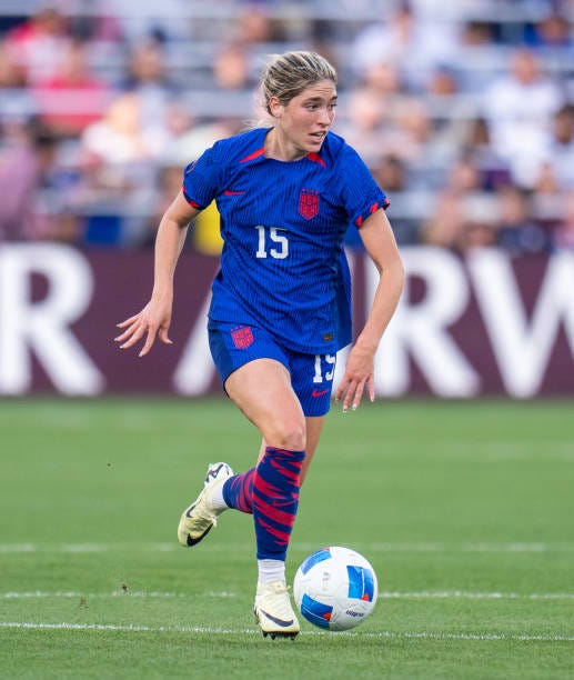 Korbin Albert of the United States dribbles during the 2024 Concacaf W Gold Cup Final between Brazil and the United States at Snapdragon Stadium on...