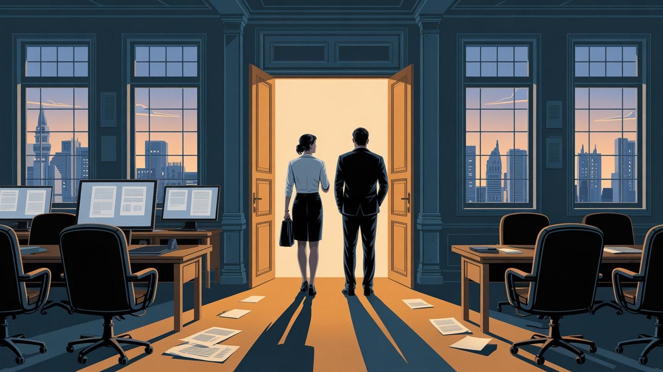 large, formally structured room — a boardroom or regulatory chamber — that has been recently vacated. Chairs pushed back, documents left mid-process, screens still glowing with unfinished work. At the threshold of the open doorway, two figures seen from behind — a woman and a man, neither in formal corporate attire, dressed as practitioners and builders rather than executives — stand together reading the room before stepping in, carrying themselves with quiet authority. Through tall windows, a Silicon Valley skyline at dusk. Cool blue and steel tones inside the room, warm amber light pouring through the doorway.