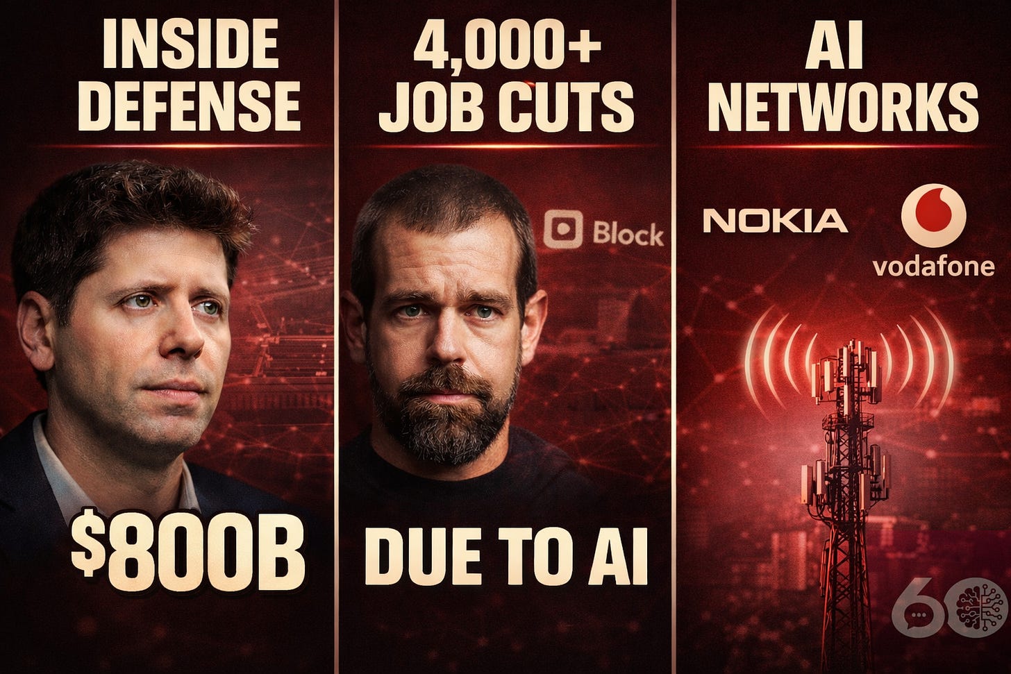 AI news thumbnail featuring Sam Altman and U.S. defense deal with $800B valuation, 4,000+ AI-driven job cuts at Block, and Nokia–Vodafone AI network infrastructure update on cream background.