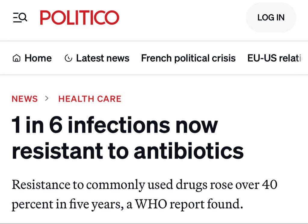Screenshot of Politico news website homepage under News and Health Care sections showing headline 1 in 6 infections now resistant to antibiotics with subtext Resistance to commonly used drugs rose over 40% in five years, a WHO report found. Includes navigation elements like Home, Latest news, French political crisis, EU-US relations, and login button.