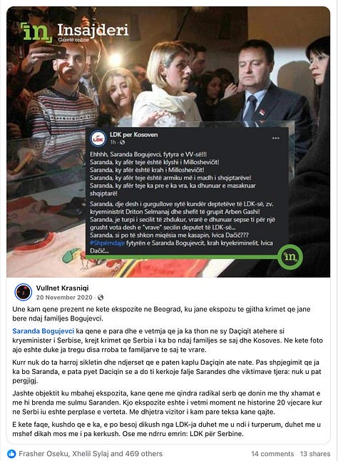 Reagimi i Saranda Bogujevcit erdhi si kundërpërgjigje ndaj shpifjes së Ilir Mirenës, i cili kishte ironizuar një moment zie të familjes Bogujevci, ndërkohë që dëshmia e gazetarit Vullnet Krasniqi theksonte se Saranda Bogujevci kishte qenë ballë për ballë me Ivica Daçiqin në ekspozitën kundër krimeve serbe ndaj familjes së saj.