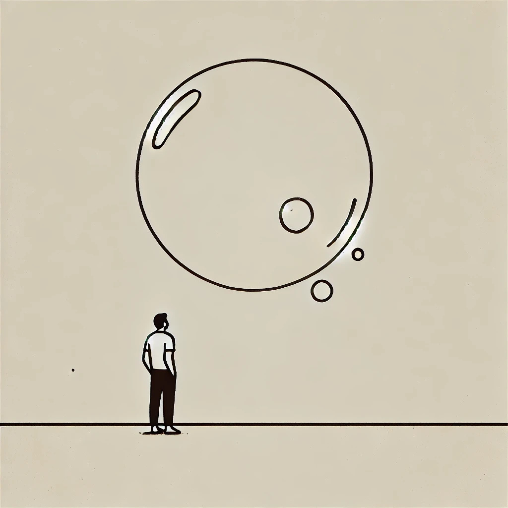 A simple, minimalist illustration of a person standing next to a large bubble, watching it float by them calmly. The background is plain, and there are no random letters or symbols at the bottom of the image. The person is focused on observing the bubble as it drifts by.