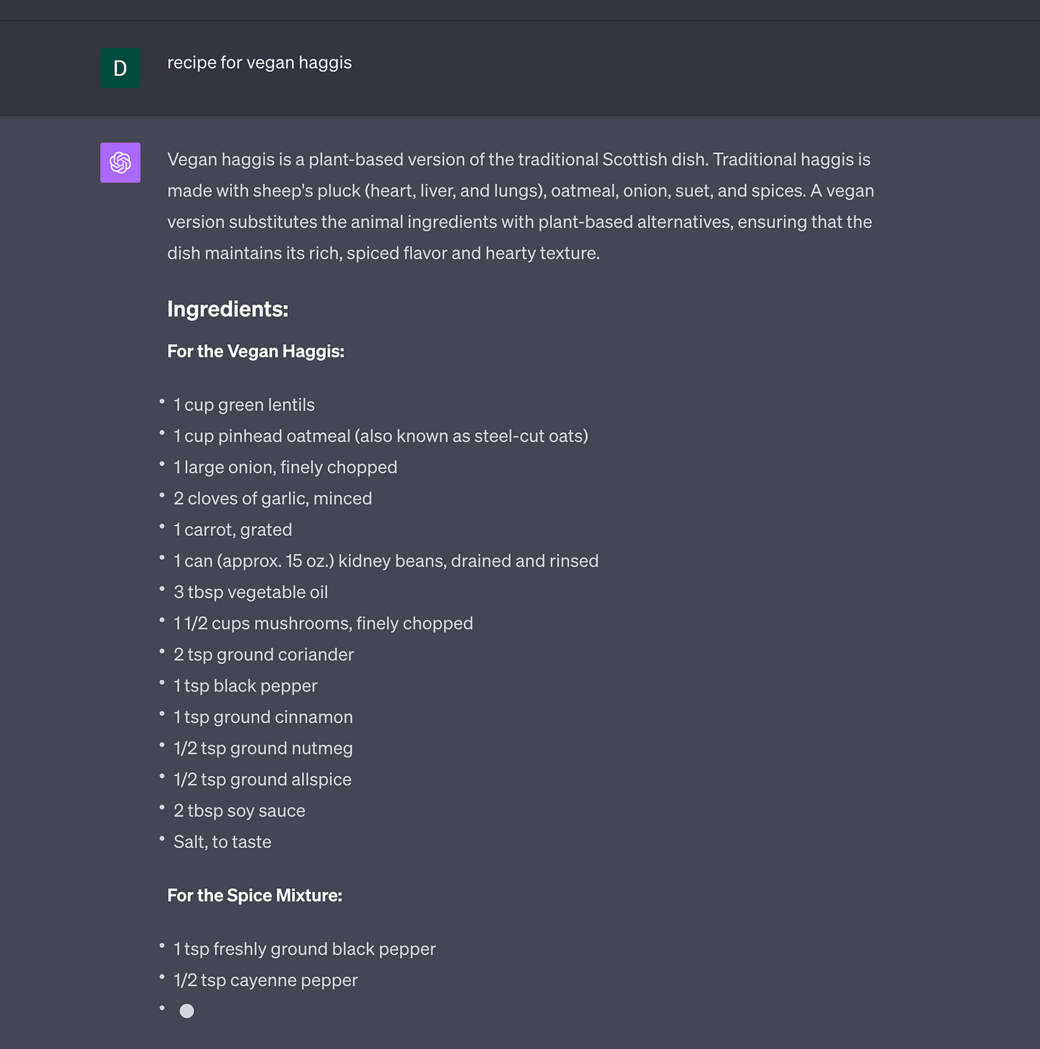 Screenshot of ChatGPT response to a request for a vegan haggis recipe