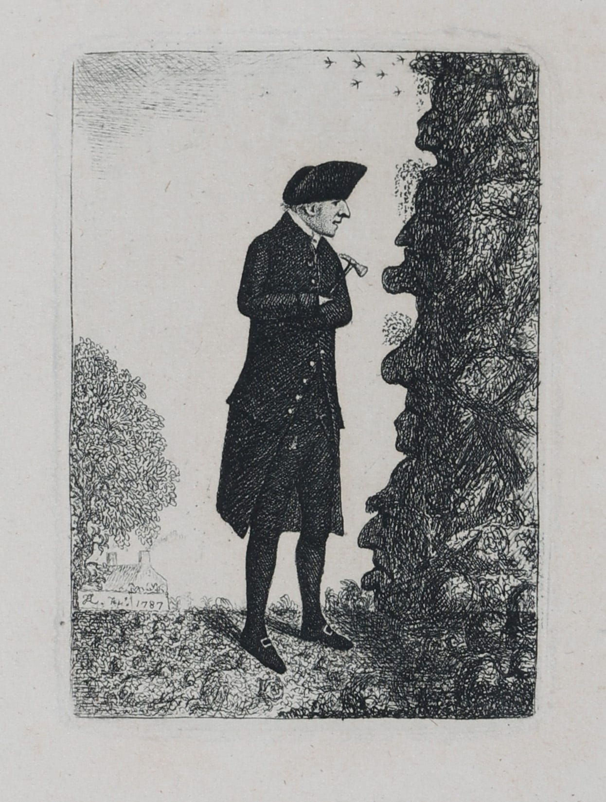 man in 18th century hat hammering a rockface