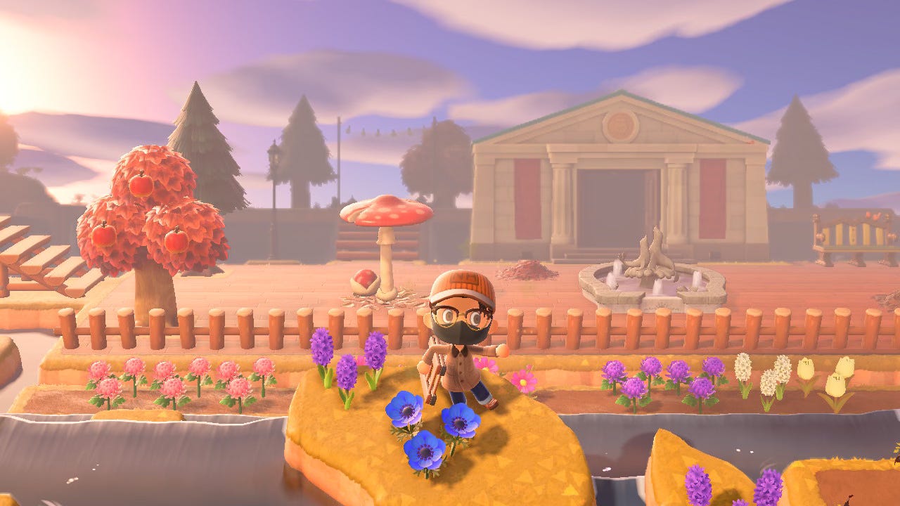 An animal crossing human poses at the top of a waterfall. In the background are trees, flowers, a water fountain and the ACNH Museum.