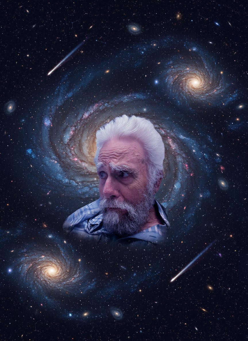 A person with white hair and a beard in space

AI-generated content may be incorrect.