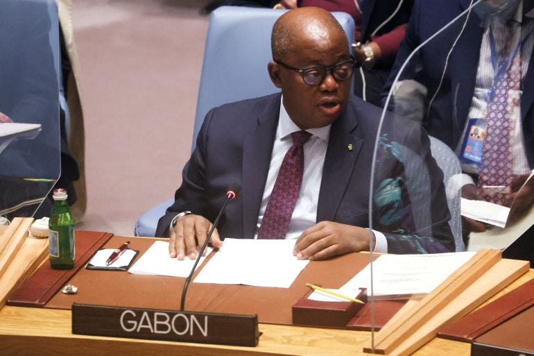 Gabon's Foreign Minister Michael Moussa Adamo speaks to a United Nations Security Council meeting on food insecurity and conflict at U.N. headquarters in New York City, New York, U.S., May 19, 2022. REUTERS/Shannon Stapleton Gabon's Foreign Minister Michael Moussa Adamo speaks to a United Nations Security Council meeting on food insecurity and conflict at U.N. headquarters in New York City, New York, U.S., May 19, 2022. REUTERS/Shannon Stapleton