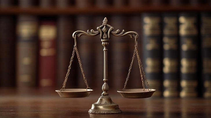 A classical symbol of law and justice, vintage scales stand gracefully on a polished wooden desk. Behind these scales, slightly out of focus, lined bookshelves filled with important legal texts establish a scholarly backdrop. The warm lighting casts a glow, highlighting the intricate metal design of the scales, which evokes a sense of fairness and the serious pursuit of truth and equity inherent in legal practices.