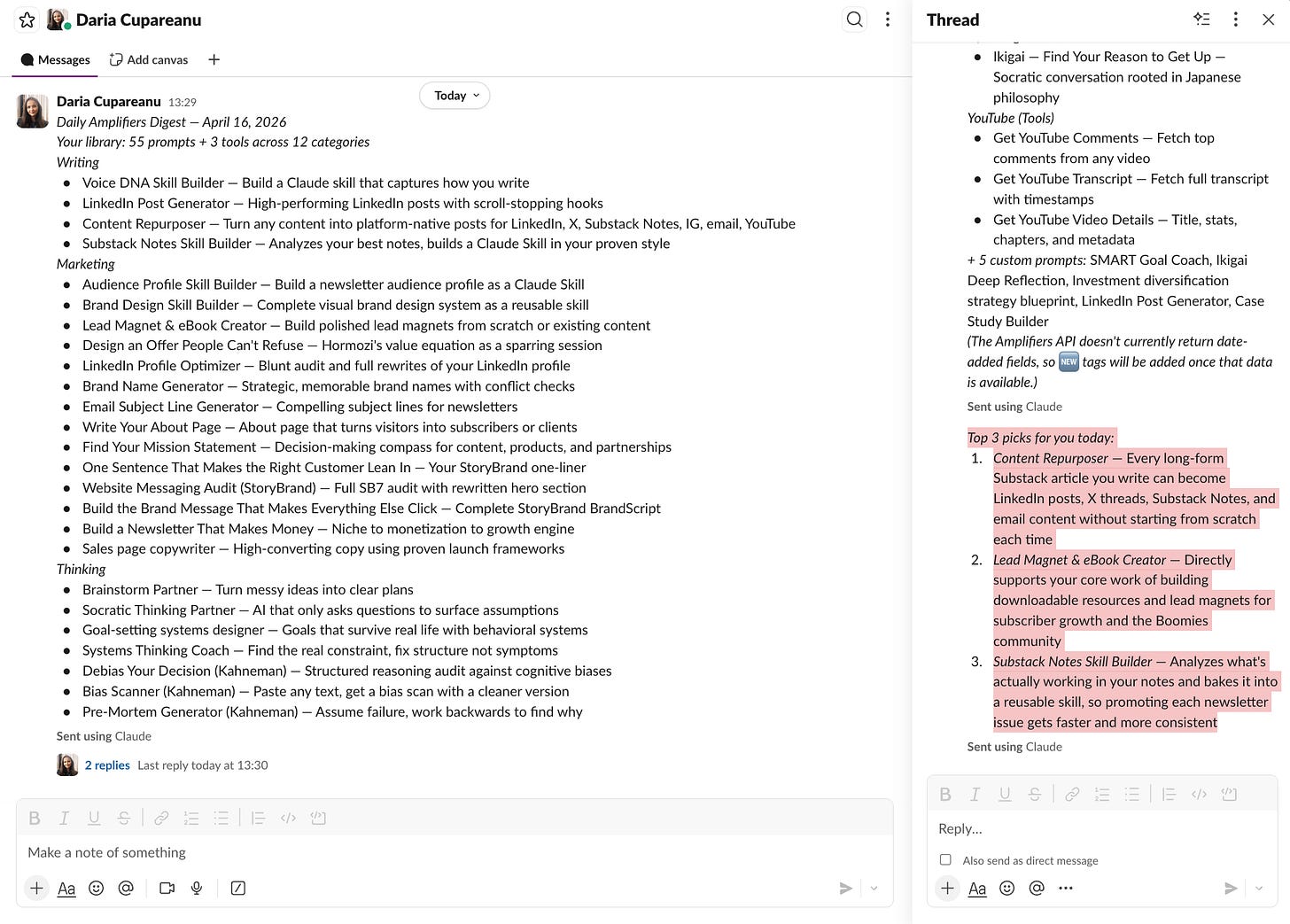 Slack message from the daily Amplifiers digest Routine showing the full AI Blew My Mind MCP library organized by category (Writing, Marketing, Thinking, YouTube Tools), with 55 prompts and 3 tools listed, followed by a thread reply with the top 3 picks most relevant to the user's work that day