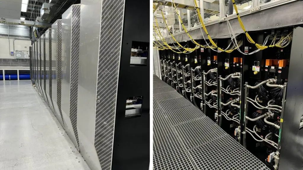 Tesla Dojo Supercomputer Rows of Server Cabinets in Data Center with Cables and Cooling Systems Infrastructure
