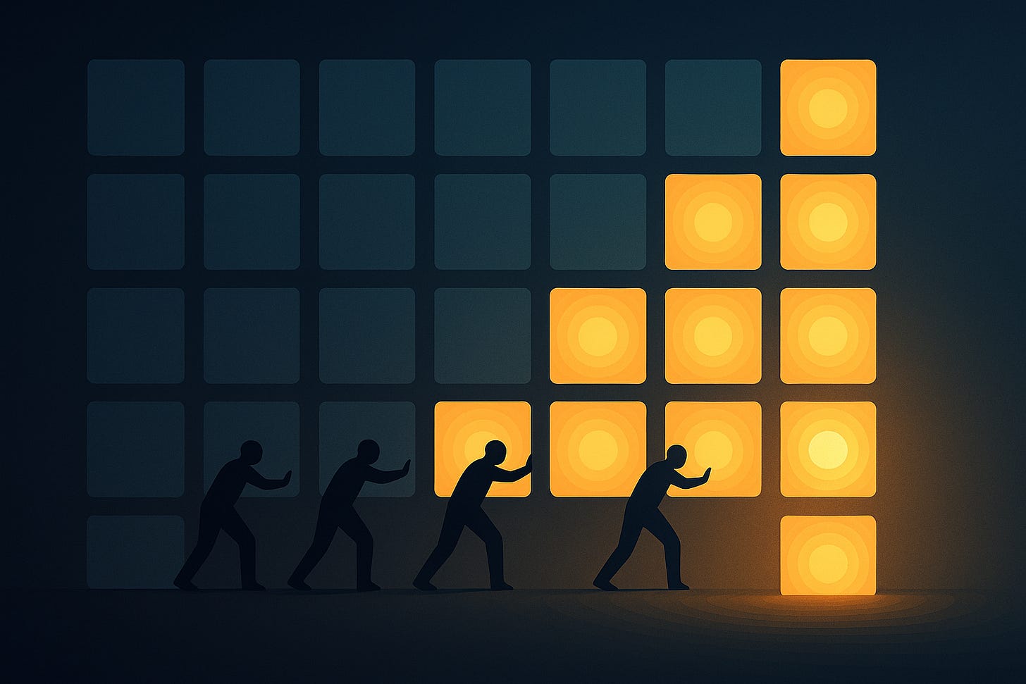 Four silhouettes reach toward a wall of squares; the right column glows with warm concentric light like steps.