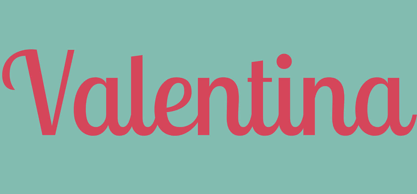 Valentina, written in pink on a light blue background Valentina, written in pink on a light blue background