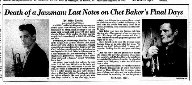 Coverage of Chet Baker's death in The New York Times