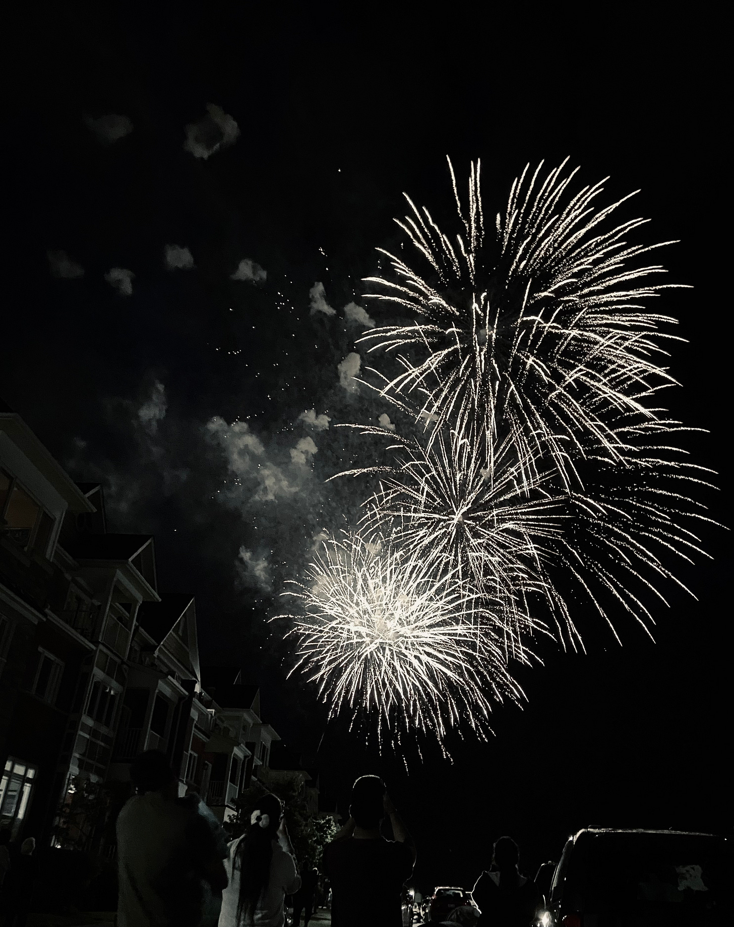black and white photo of fireworks in sky