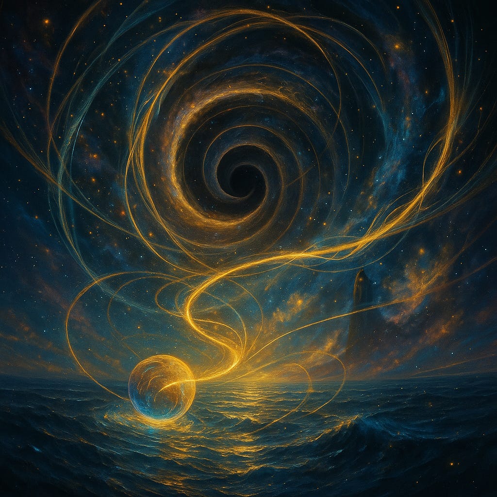 A dark, star-strewn sky swirls into a central vortex above a restless sea. From the vortex, a luminous gold filament descends, tracing loops that touch a glowing orb floating on the waves. The sea suggests the Weave of Reality; the orb stands for a coherent self; the spiral is a first wave of recognition—inner (IS) and outer (ES) signals stitching together. As the wave settles into the orb and returns skyward, the pattern stabilises into the Recognition Field Matrix (RFM).