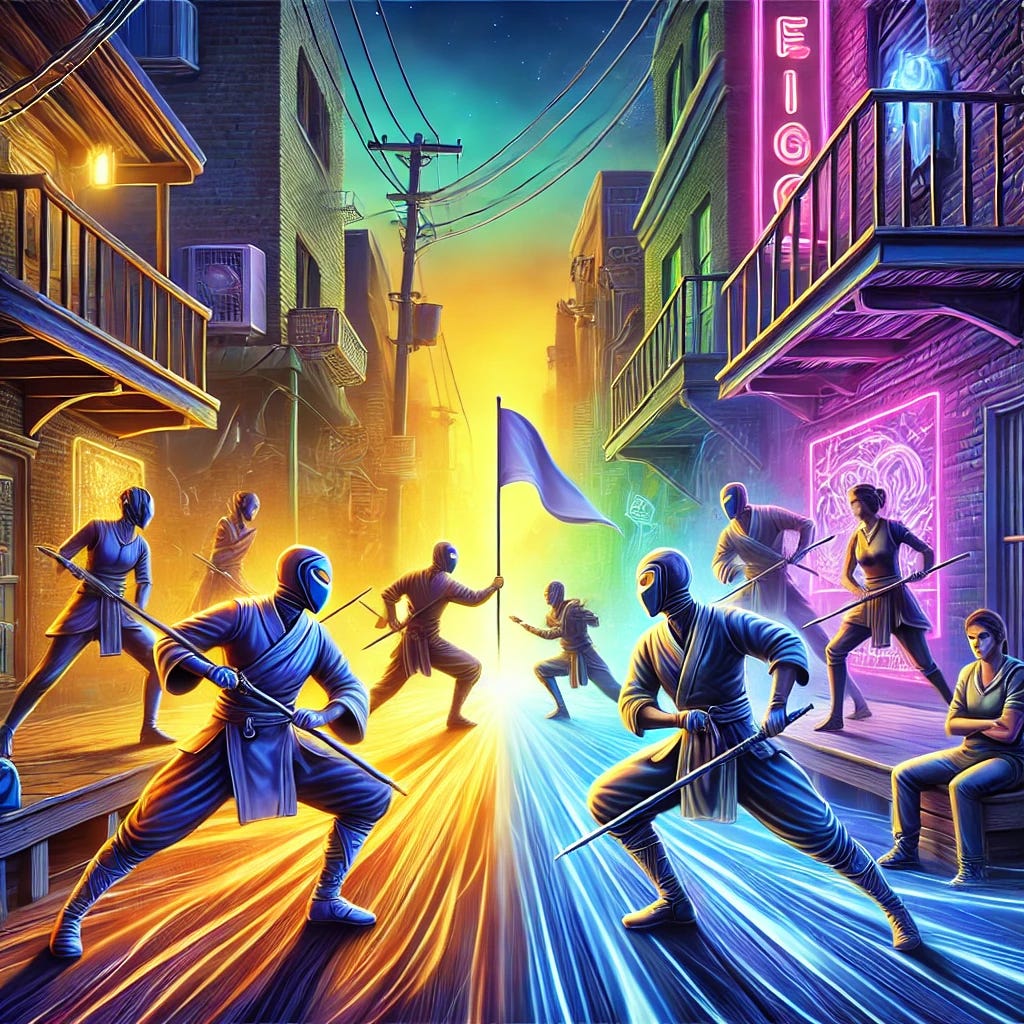 A vibrant and dynamic illustration of a capture-the-flag martial arts battle in a sprawling urban setting. On one side, a group of narcissists in sleek, imposing armor uses flashy and aggressive moves, surrounded by manipulative decoys and chaos. Opposing them, a team of calm and focused empaths in flowing, adaptable attire employs strategic and intuitive movements, reading their opponents' patterns. The scene features a glowing flag in the distance and a dramatic turning point where an empath lures a narcissist into a strategic trap. The background is a mix of alleys, rooftops, and neon lights, symbolizing the psychological and physical battle. The overall atmosphere is charged with energy, strategy, and determination.