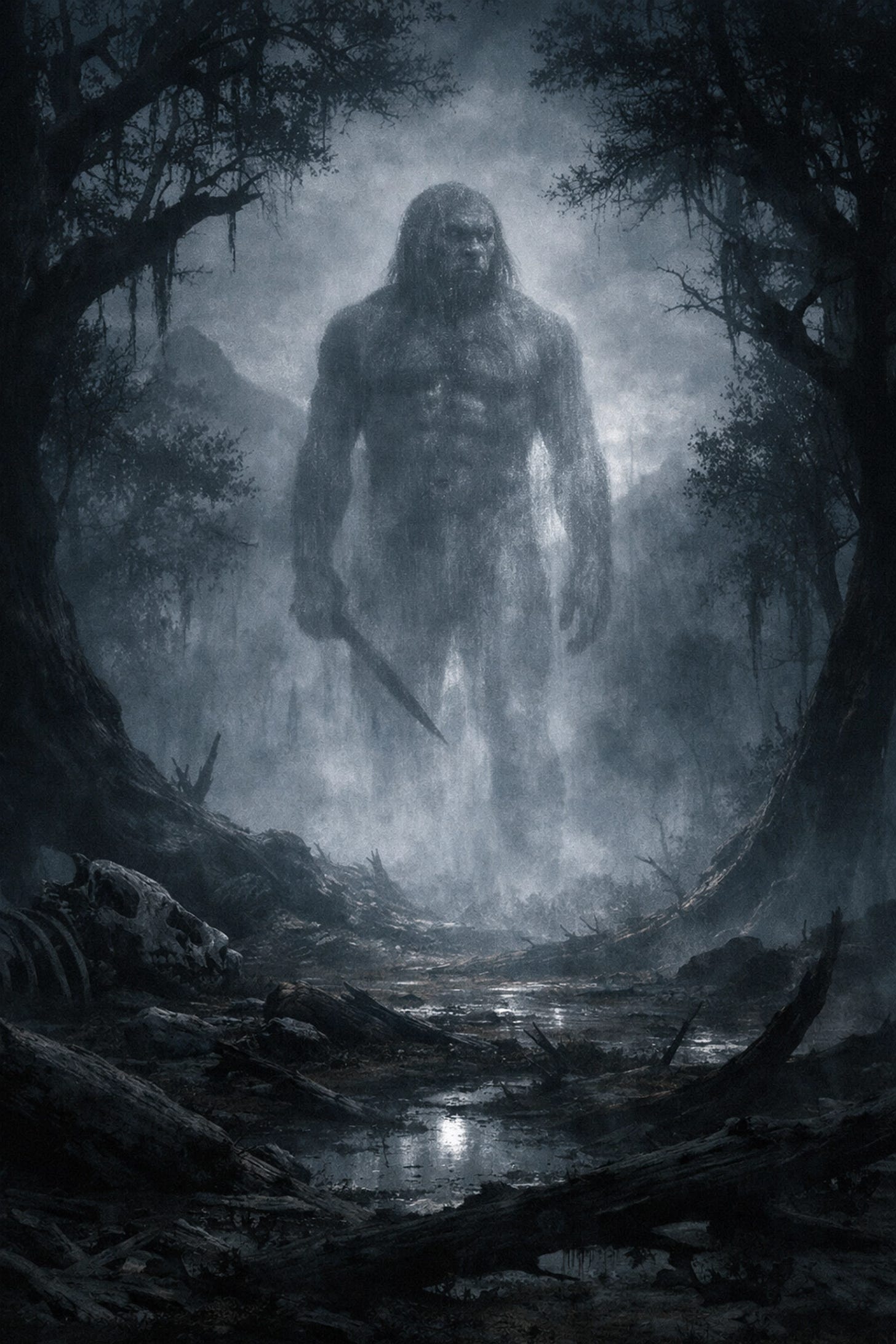 Shadowy translucent ghost ancestor in a misty prehistoric forest illustrating unknown human lineages.