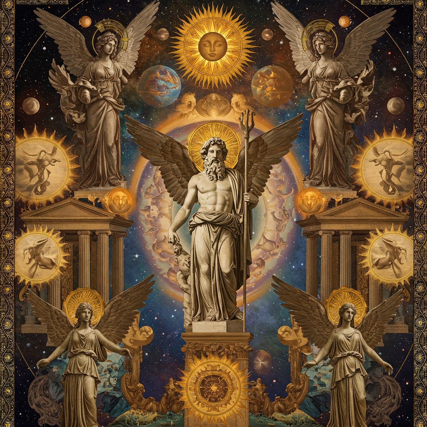 Artwork showing cosmic forces and hierarchies influencing ancient Greece via the Rudolf Steiner Olympian Gods view.