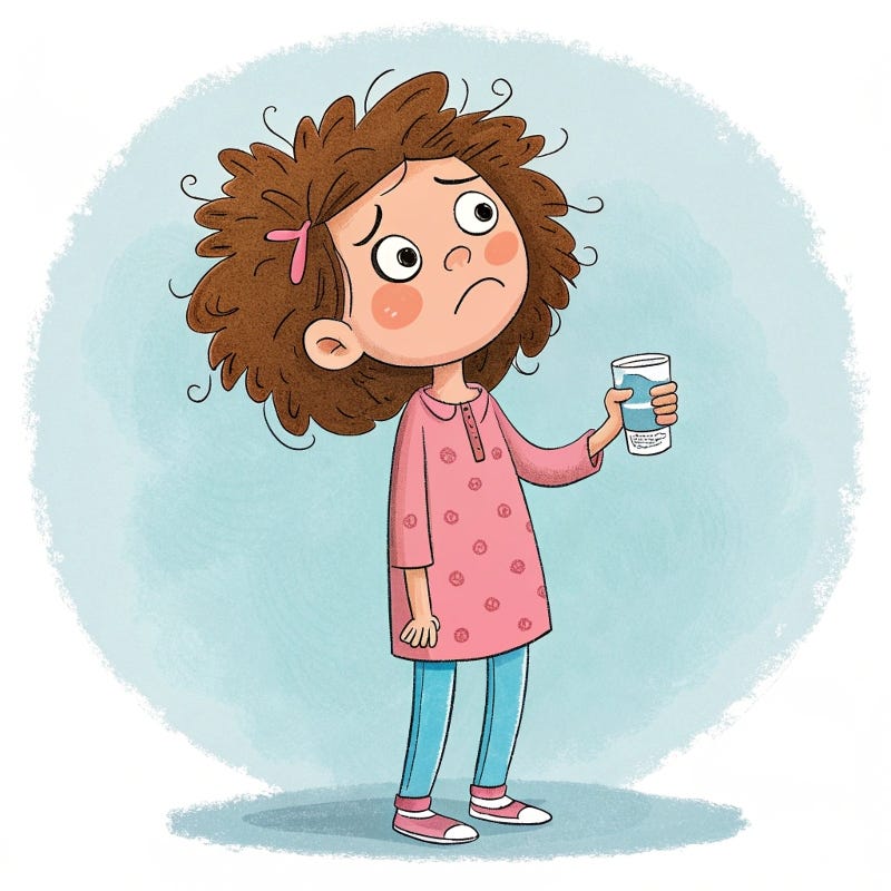 olourful cartoon illustration of a little girl standing up but with rumpled hair because she just got out of bed. She’s sick and is holding a pill in one hand and a glass of water in the other. She looks grumpy because she has to take her yucky meds.