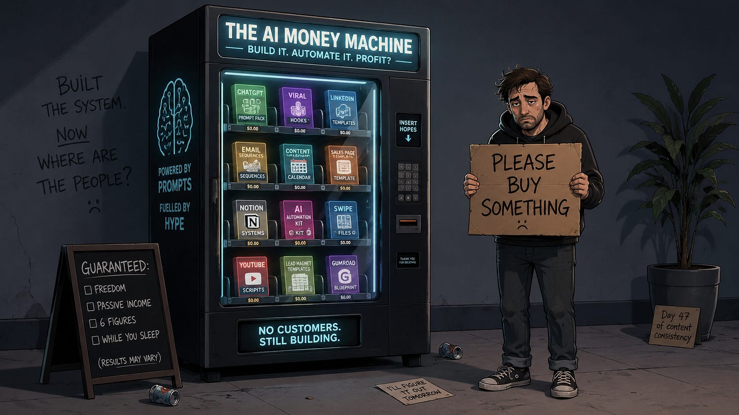 A darkly comic editorial illustration of a shiny AI vending machine filled with glowing prompts, templates, and digital products, but no customers around it. One tired creator stands beside it holding a “please buy something” sign. Modern flat editorial style, muted colours, clever business satire, clean composition, 16:9 aspect ratio.