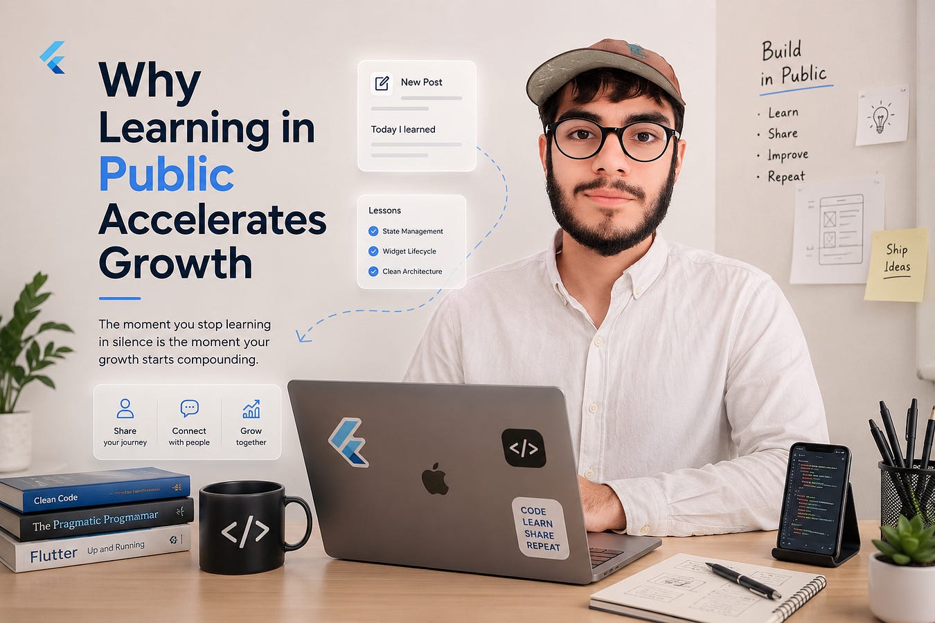Safiullah Korai working on a Flutter development setup in a modern workspace with the headline “Why Learning in Public Accelerates Growth,” representing coding, technical writing, and building in public.