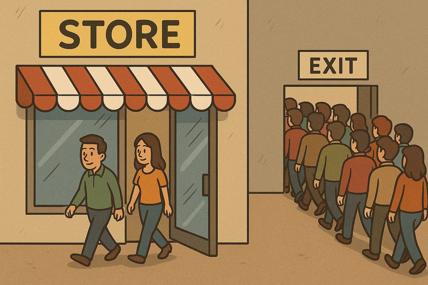 Cartoon showing customers leaving through an exit despite new ones entering. Cartoon showing customers leaving through an exit despite new ones entering.