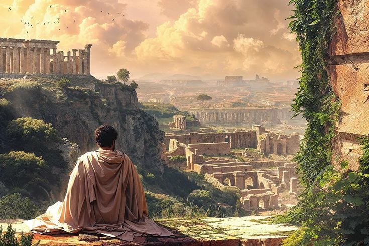 This may contain: a man sitting on top of a cliff looking at the city in the distance with ruins all around
