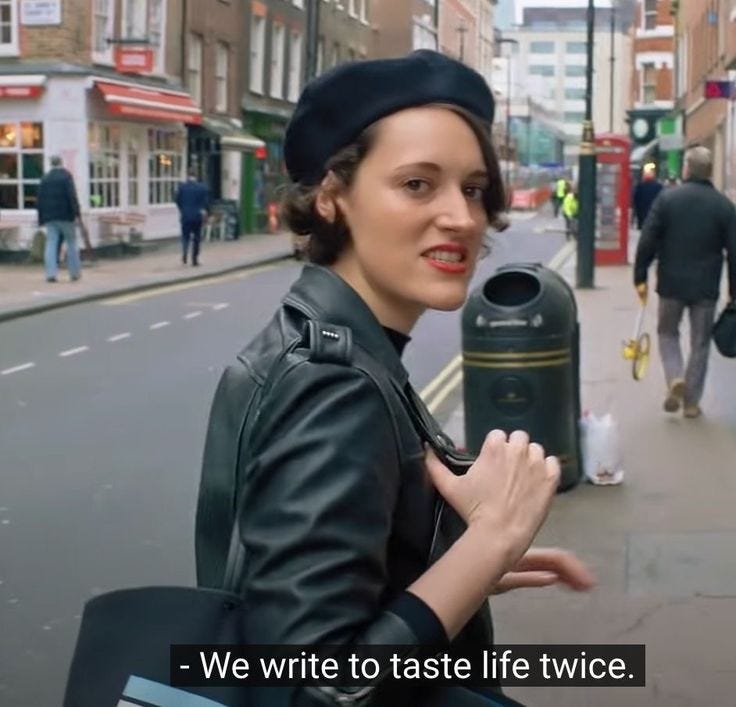 This may contain: a woman is walking down the street holding a trash can