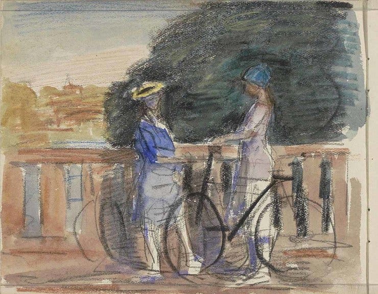 'Twee vrouwen met fietsen op een brug' - gemengde techniek: Johan Antonie de Jonge (herkomst: coll. Rijksmuseum Amsterdam) 'Twee vrouwen met fietsen op een brug' - gemengde techniek: Johan Antonie de Jonge (herkomst: coll. Rijksmuseum Amsterdam)
