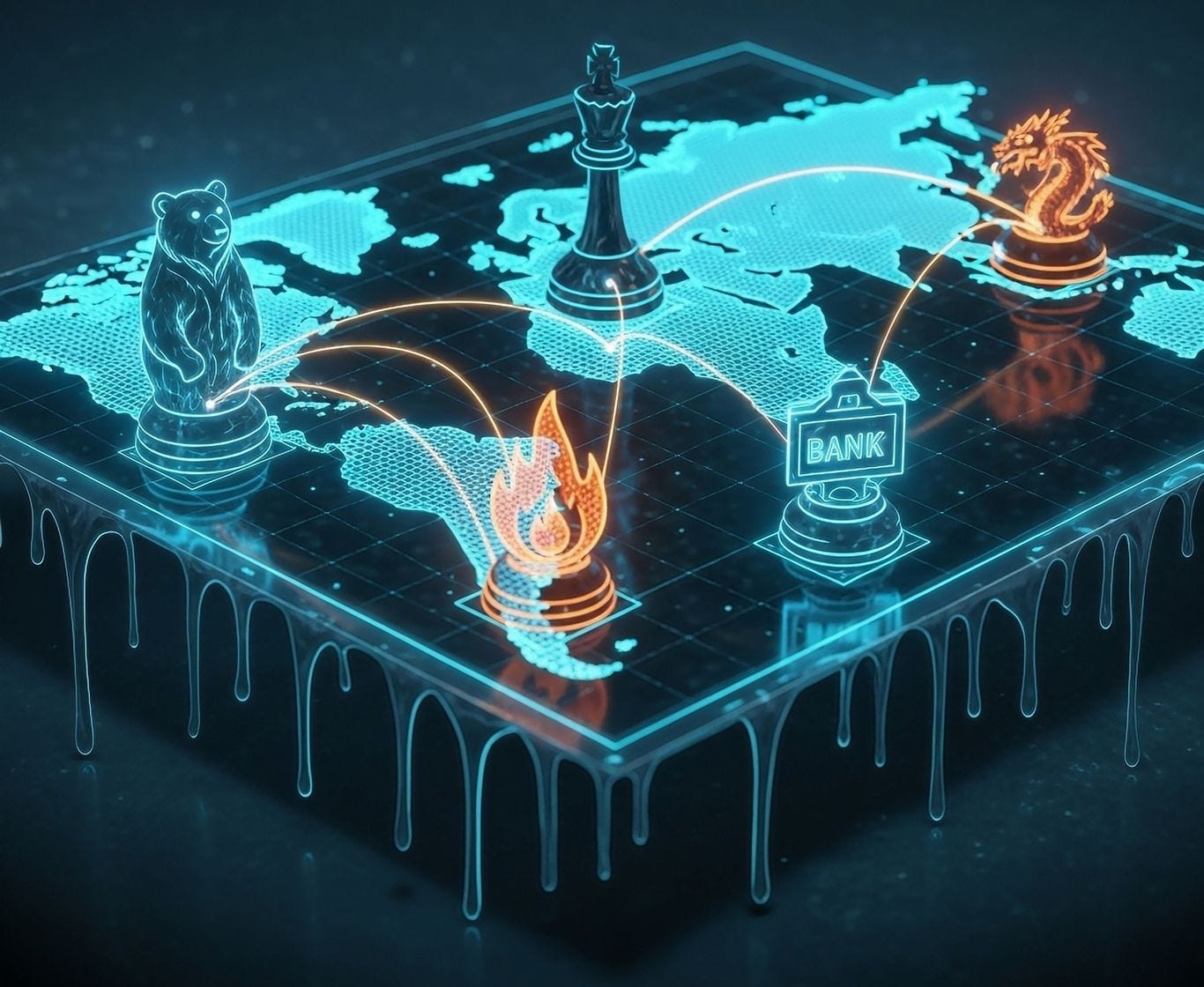 A glowing digital map of the world stylized as a chessboard. Four neon chess pieces stand on specific regions: a Bear on Russia, a Dragon on China, a Flame on Iran, and a Bank Vault on North Korea, representing distinct nation-state cyber strategies.