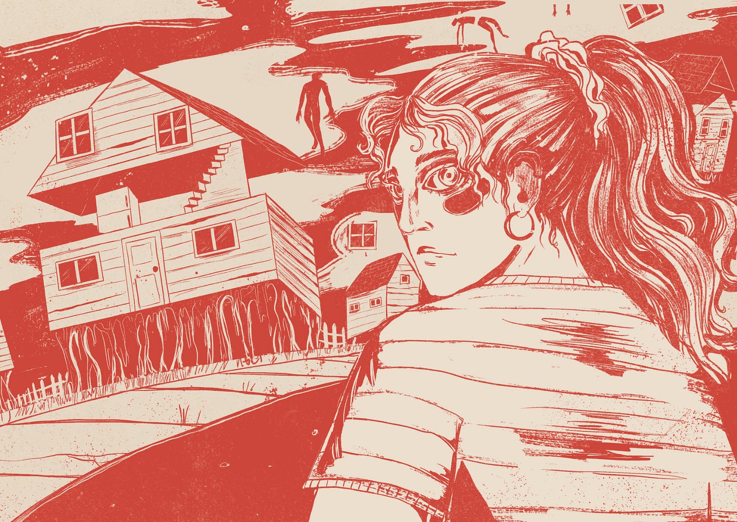 Illustration from the book. A young woman in a weird suburb full of floating bodes, impossible houses, and menacing skies.