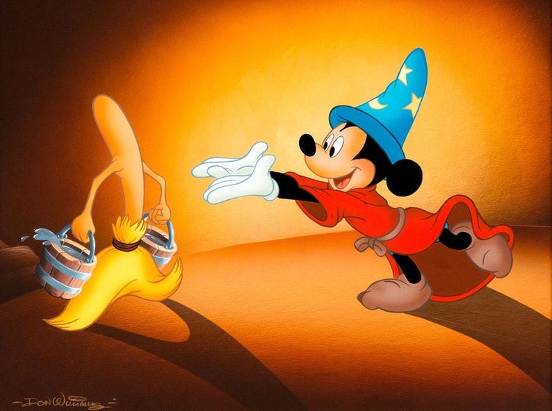 May include: Illustration of Mickey Mouse in a red robe and blue wizard hat with yellow stars, reaching towards a broom carrying buckets of water. The background is a warm orange gradient.