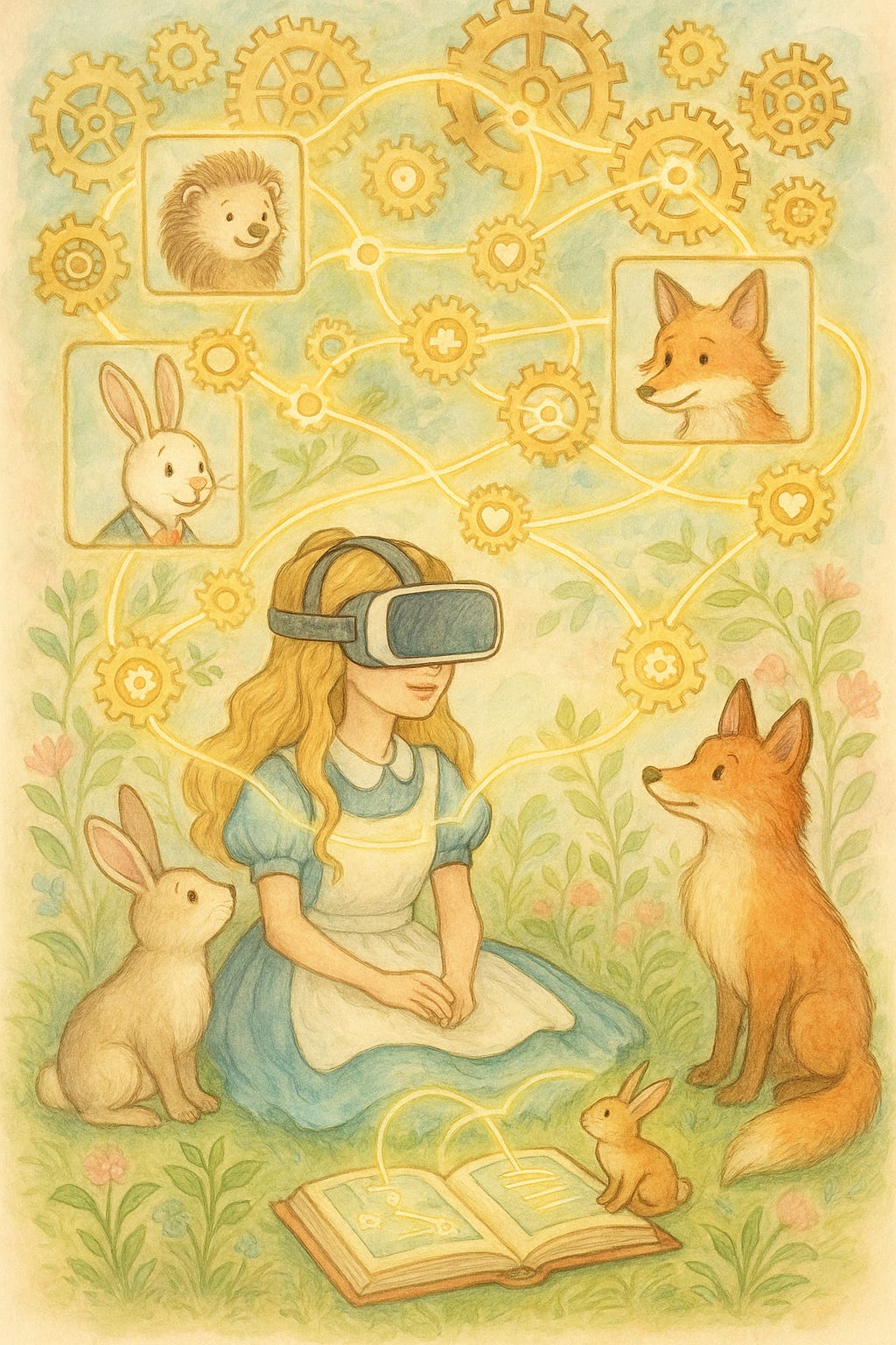 Alice wears a VR headset at the meadow’s edge while glowing sprocket-paths link her to friendly bunny, fox, and hedgehog companions—showcasing how immersive tech connects learners across space.