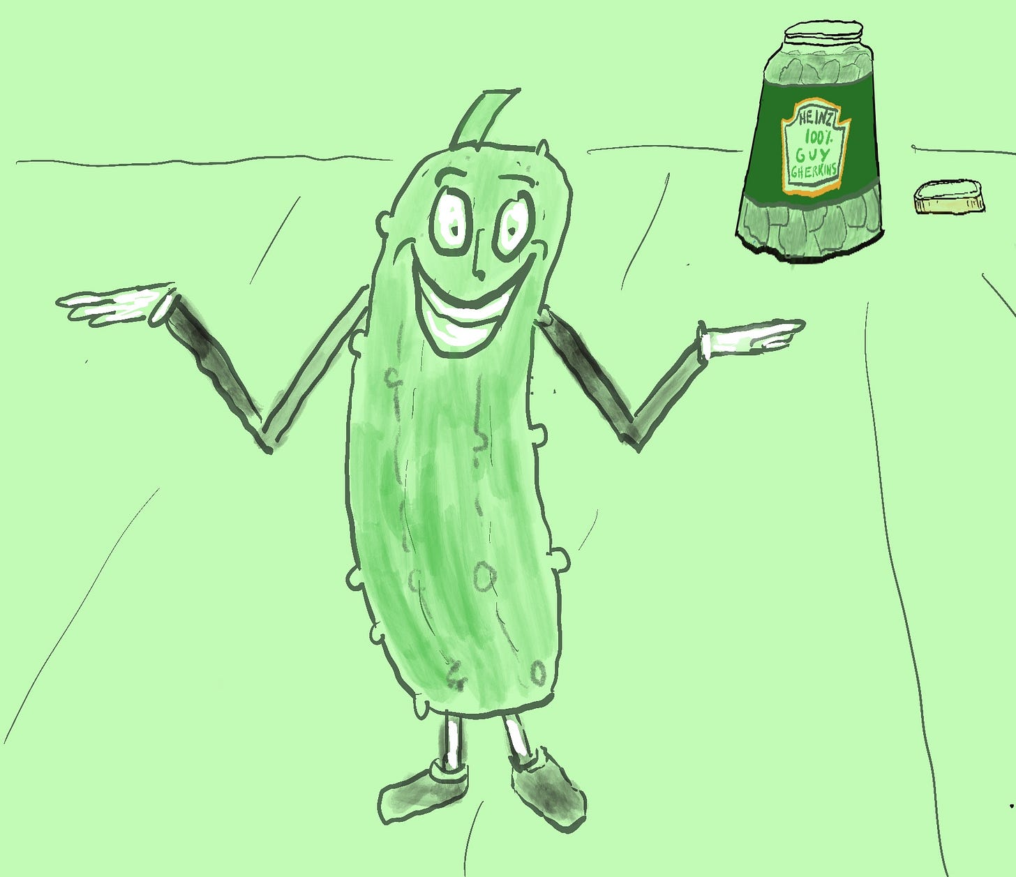 Pickle standing next to a pickle jar