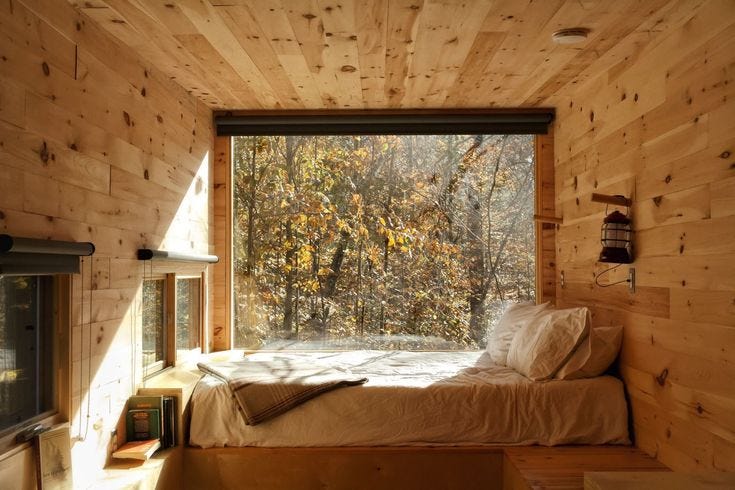 This may contain: a bedroom with wooden walls and flooring has a window that looks out onto the woods