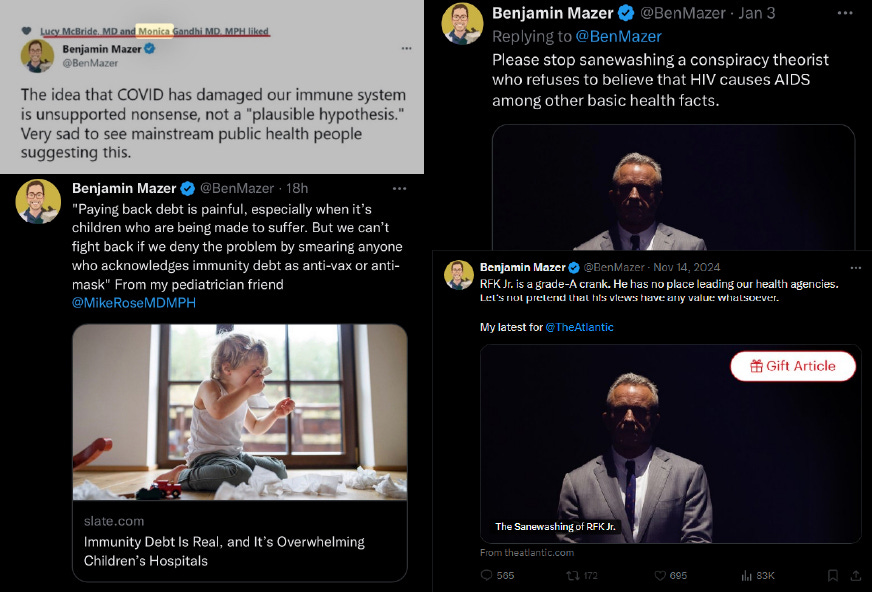 a comparison of tweets from benjamin mazer in 2022 saying that covid doesn't impact the immune system and that immunity debt is real in 2022, whilst condemning RFK Jr. in 2024